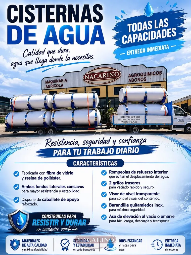 Cartel de Agrícola Nacarino sobre cisternas de agua, con el detalle de sus características