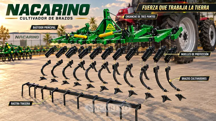Infografía de un cultivador de brazos Nacarino con sus partes señaladas, delante de un tractor en la exposición