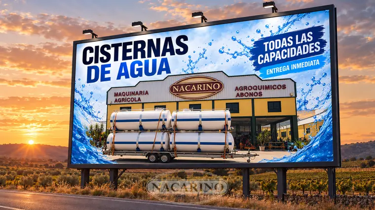 Valla publicitaria en carretera con cuatro cisternas de agua sobre remolque delante de la nave de Nacarino, al atardecer