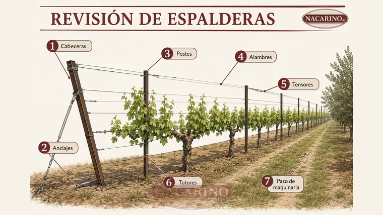 Elementos que deben revisarse en una espaldera de viñedo u olivar