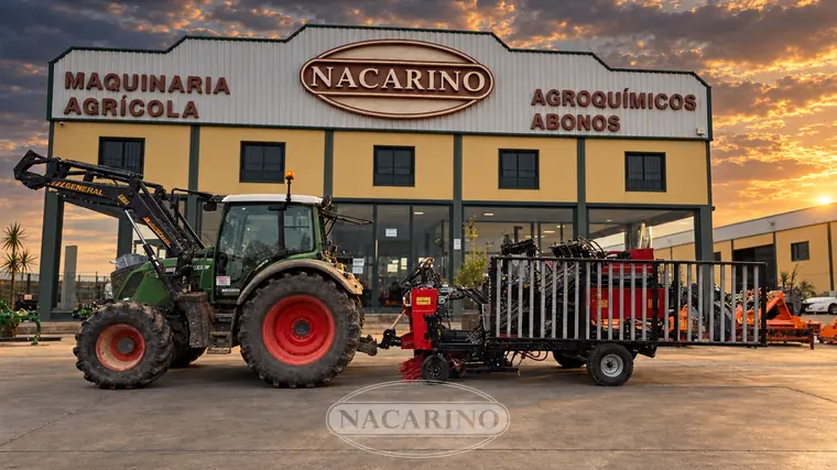 Tractor con vibrador de paraguas plegado, delante de la nave de Nacarino al atardecer
