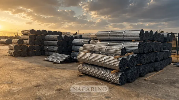 Postes galvanizados para espaldera apilados en el exterior del almacén de Nacarino en Aceuchal