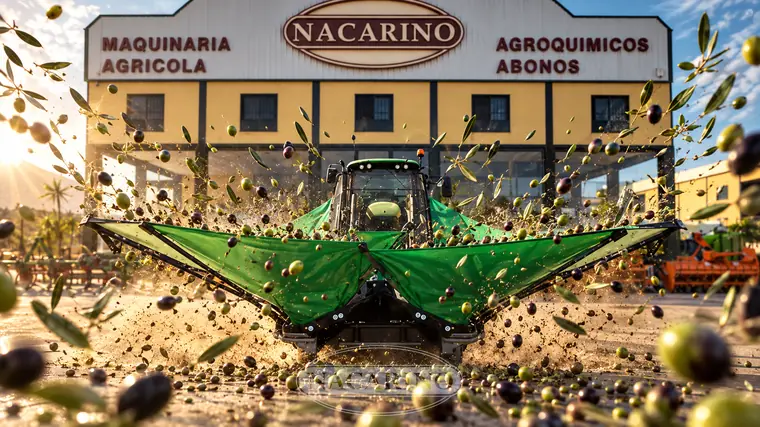 Tractor con paraguas vibrador desplegado y aceitunas cayendo sobre la lona, delante de la nave de Nacarino en Aceuchal