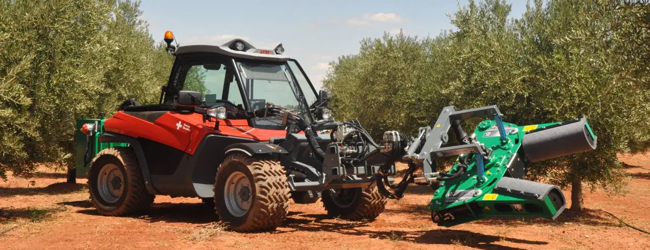 Tractor con pala telescópica y apero verde trabajando en un olivar