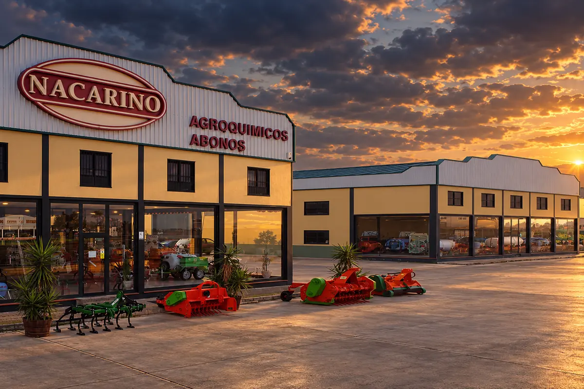Las dos naves de Agrícola Nacarino al atardecer, con aperos expuestos delante de la fachada