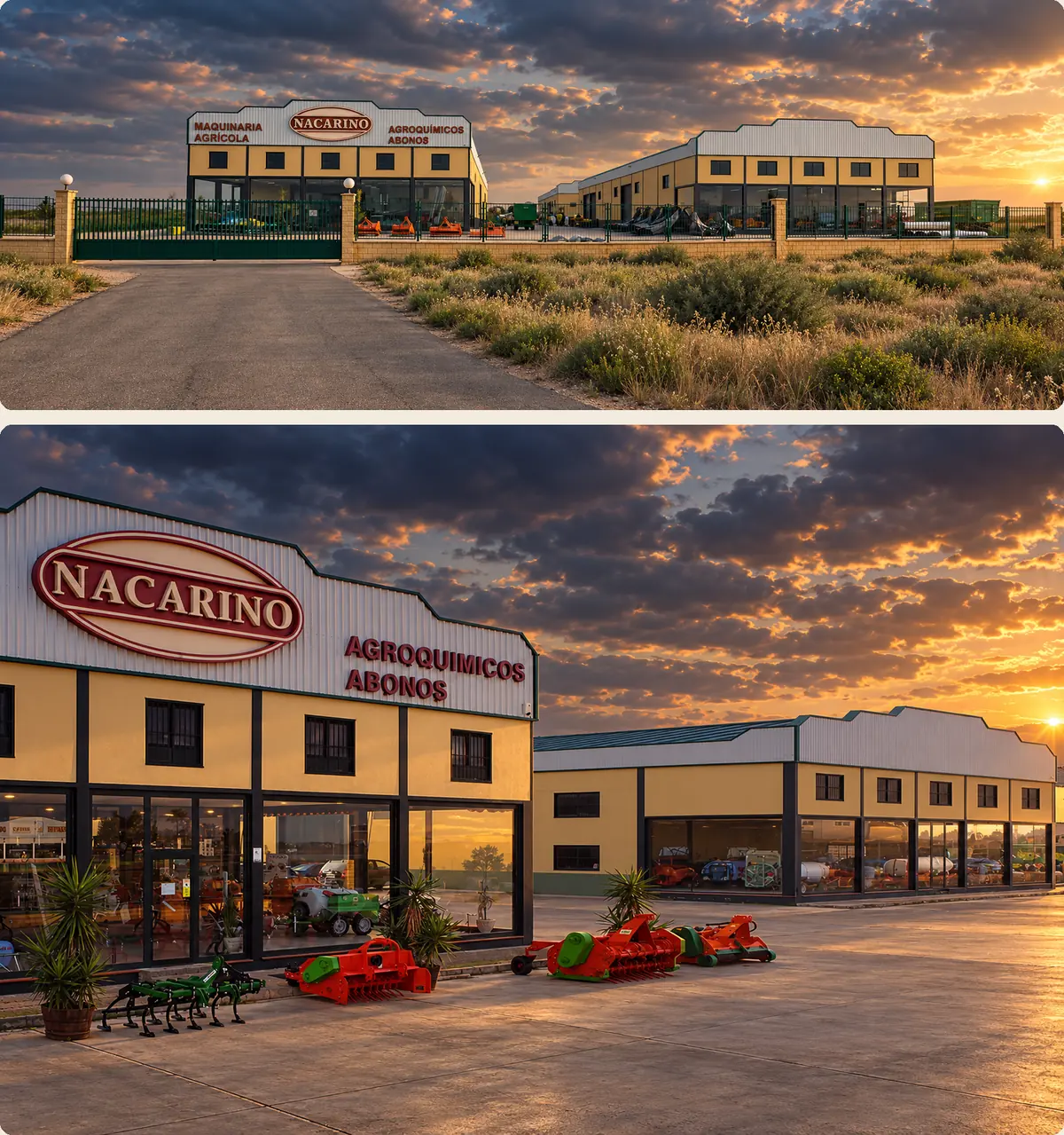 Instalaciones de Agrícola Nacarino en Aceuchal al atardecer: la entrada con las dos naves y, debajo, la fachada de la exposición