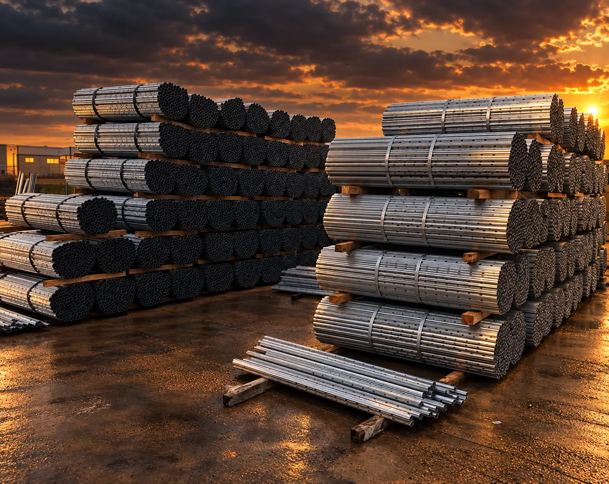 Paquetes de postes galvanizados para espaldera apilados en la campa de Nacarino al atardecer