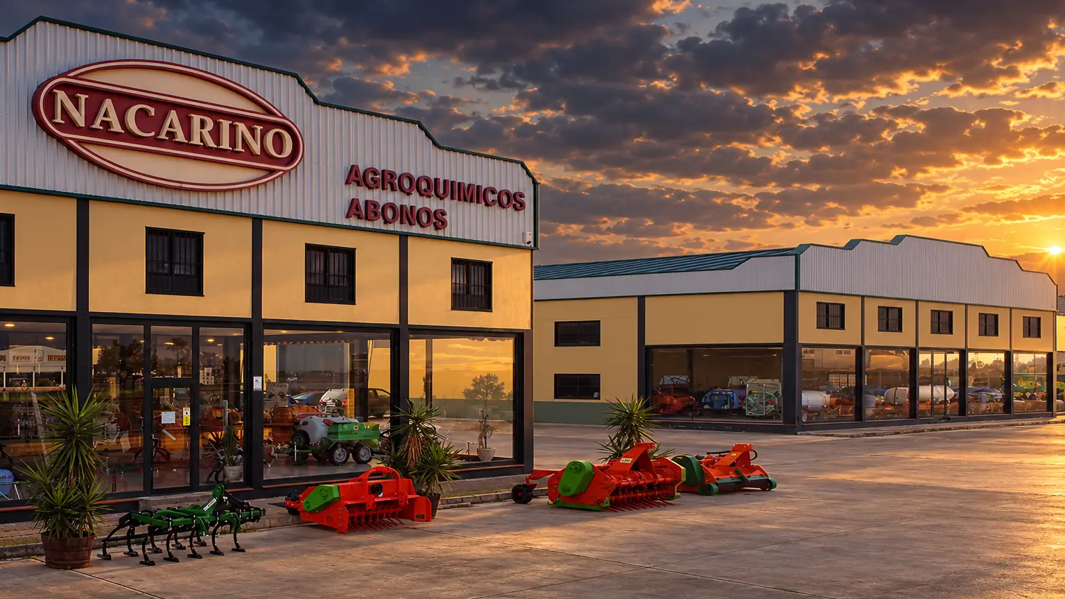 Las dos naves de Nacarino al atardecer, con cultivador, trituradoras y fresadora expuestos delante de la fachada