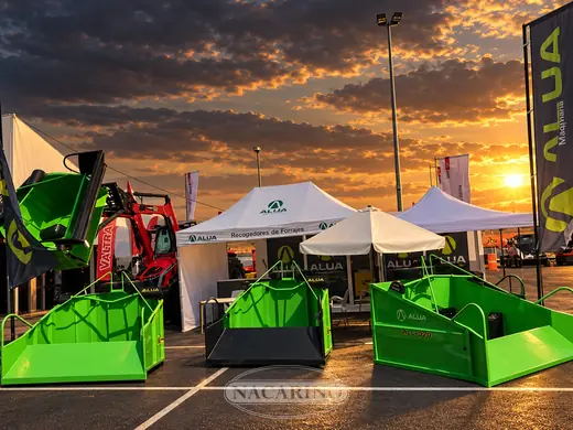 Cazos y tolvas verdes en la campa de Nacarino al atardecer