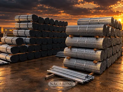 Postes galvanizados para espaldera apilados en el almacén