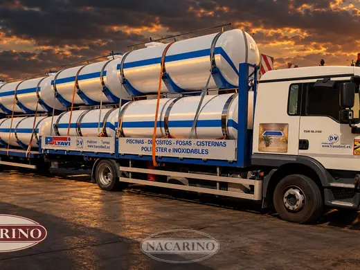Camión con cisternas cargadas ante la nave de Nacarino al atardecer