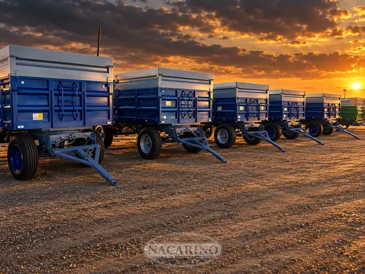 Fila de remolques basculantes azules en la campa de Nacarino al atardecer